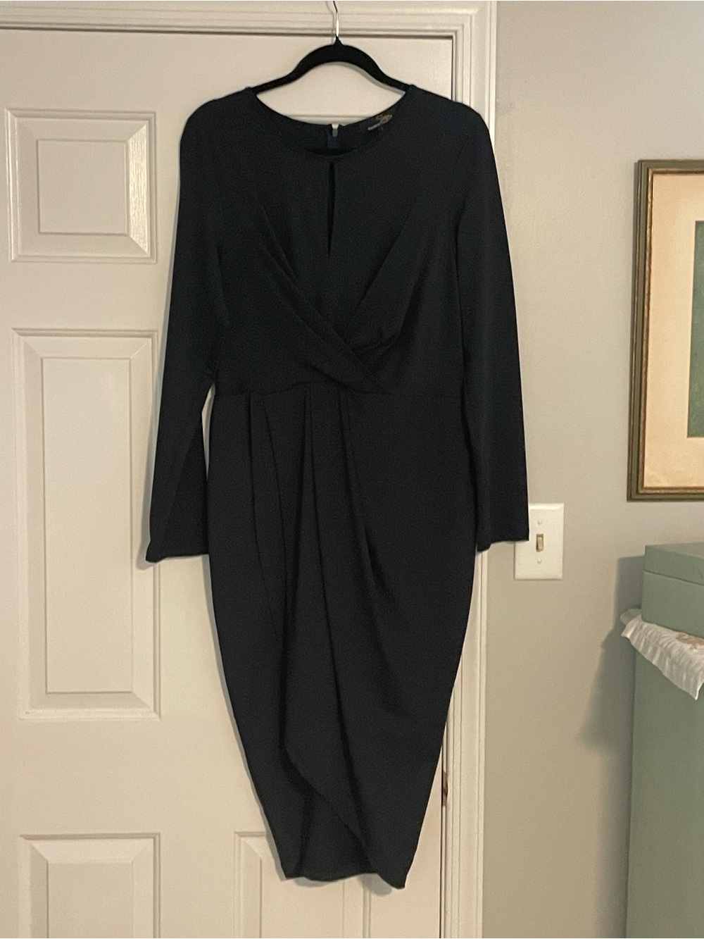 Anthropologie Navy Blue Long-Sleeve Faux-Wrap Midi Dress by Suzanne Betro